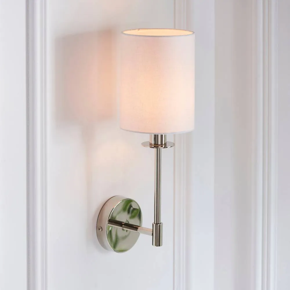 Endon Collection Sancerre Wall Lamp With Shade Bright Nickel Plate Vintage White Fabric 1X E14, Grey 2