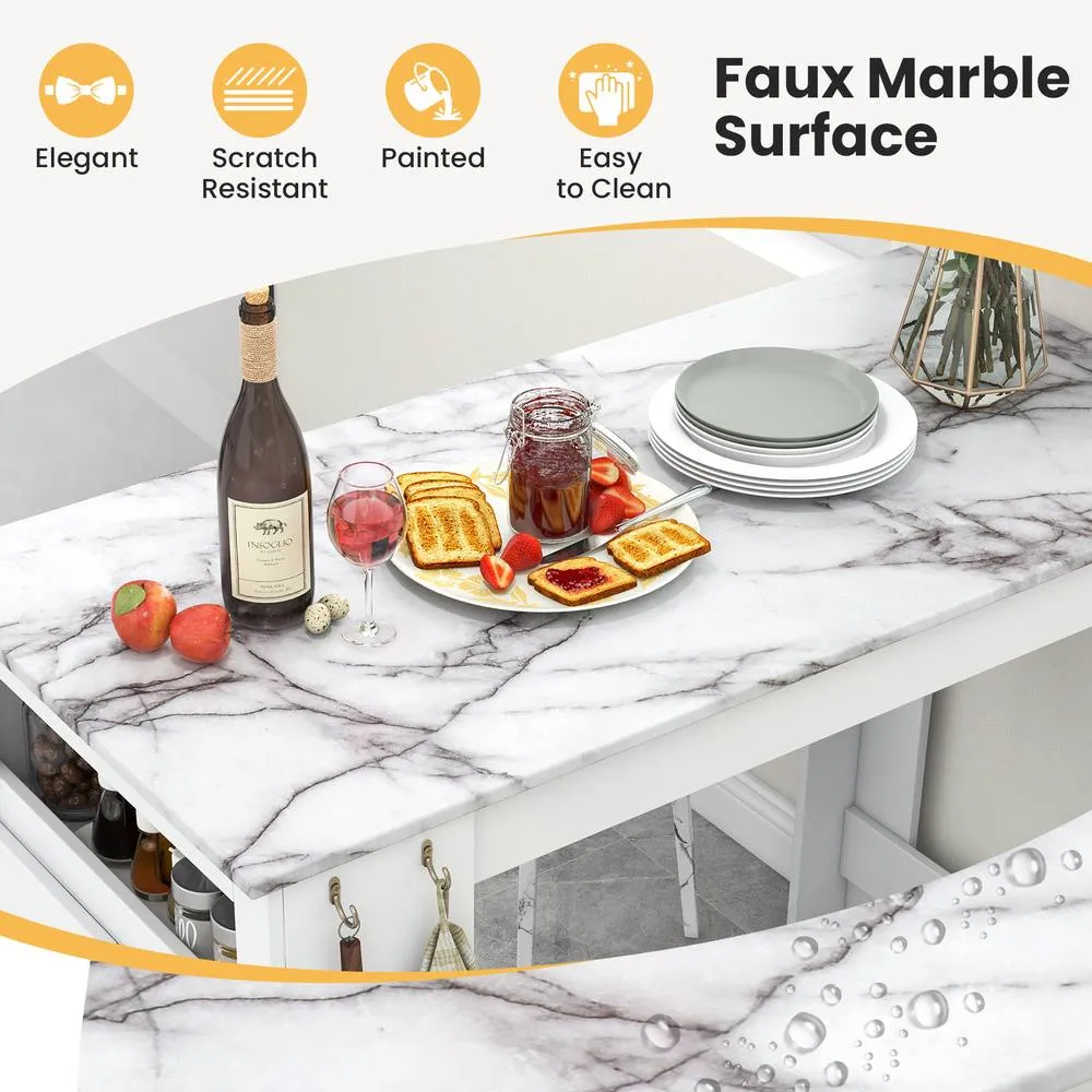 Costway Faux Marble Bar Table Pub Table w/Hooks & Cabinet Kitchen Dining Table in White 6