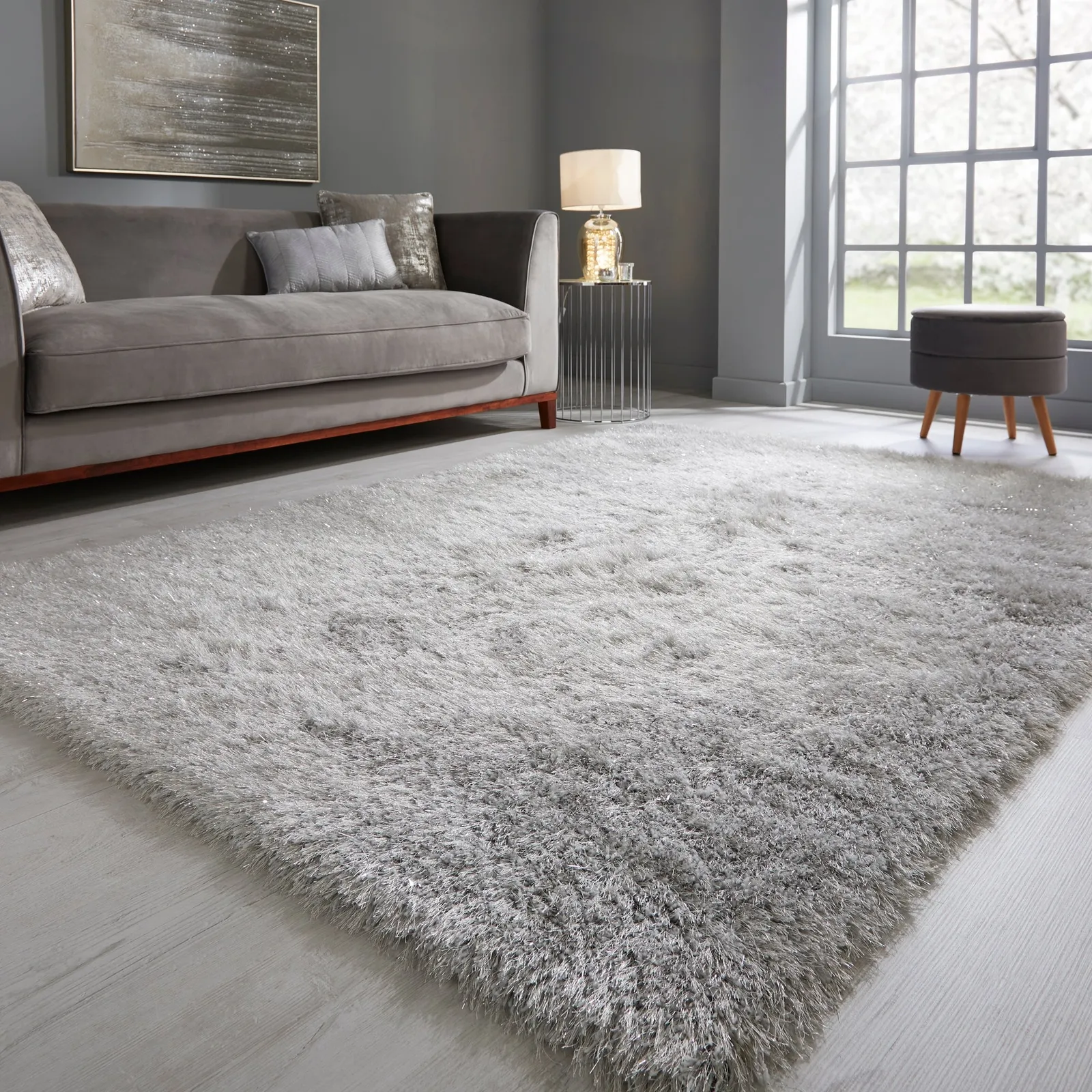 Riviera Sparkle Shaggy Rug Silver