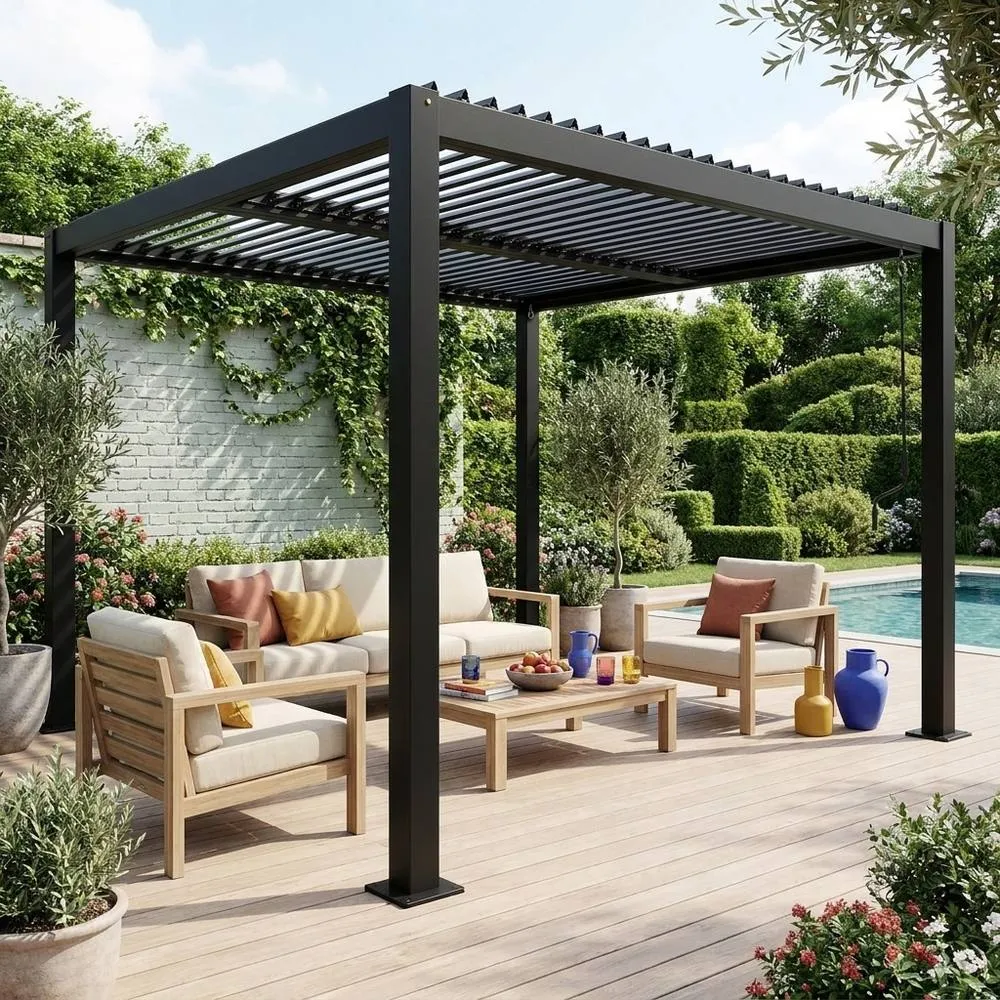 sweeek Louvered Pergola Aluminium & Steel 3 X 3m in Black