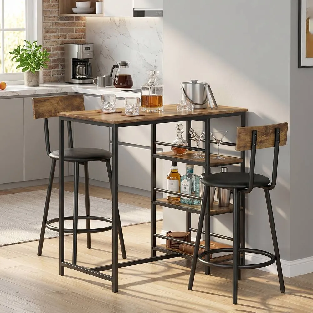 HOMCOM Space Saving Bar Table & PU Leather Stools for 2, Rustic Brown