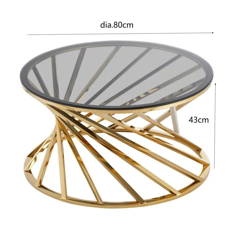 Comfy Living Ltd Round Geometric Design Metal Coffee Table With Tinted Glass Tempered Top in Gold 2