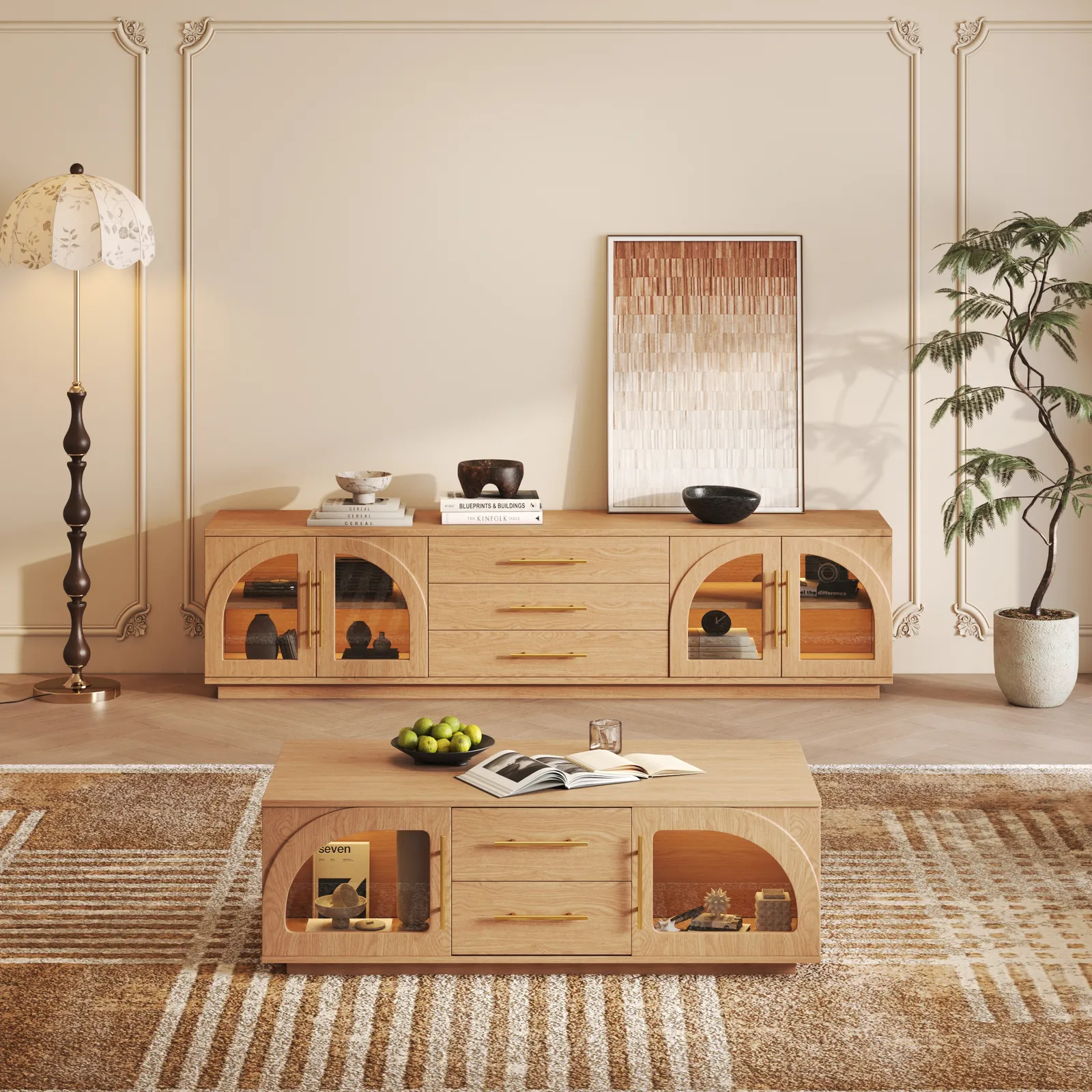 Arune 2032 mm Mid-Century Modern Black TV Stand Coffee Table Set with LED Lights and Arched Glass Cabinet Doors