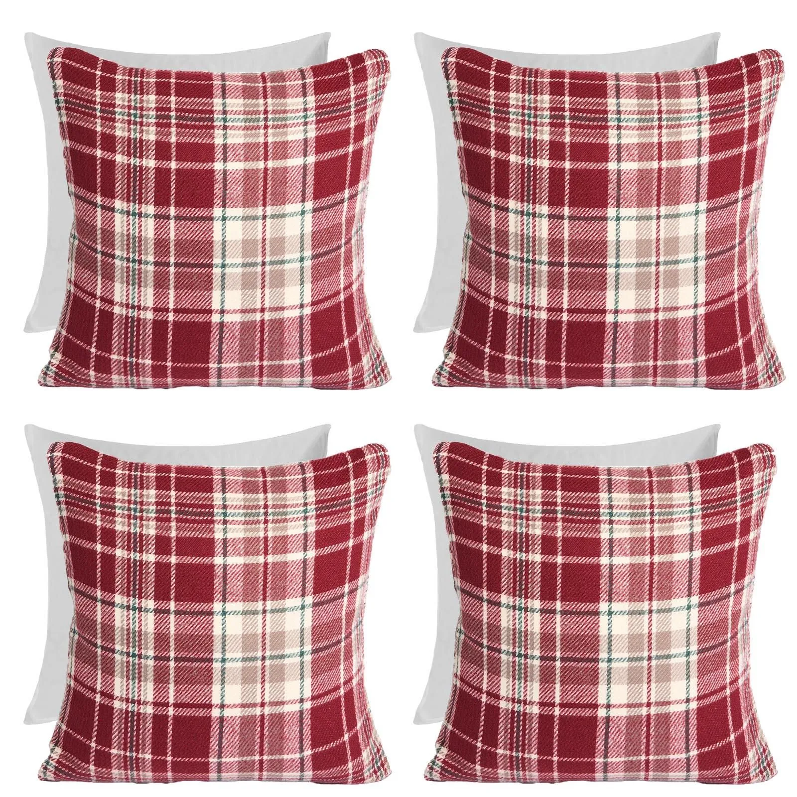 OHS Woven Check Cushion Covers Tartan Pack of 4 Filled Case Pad Set Home in Red