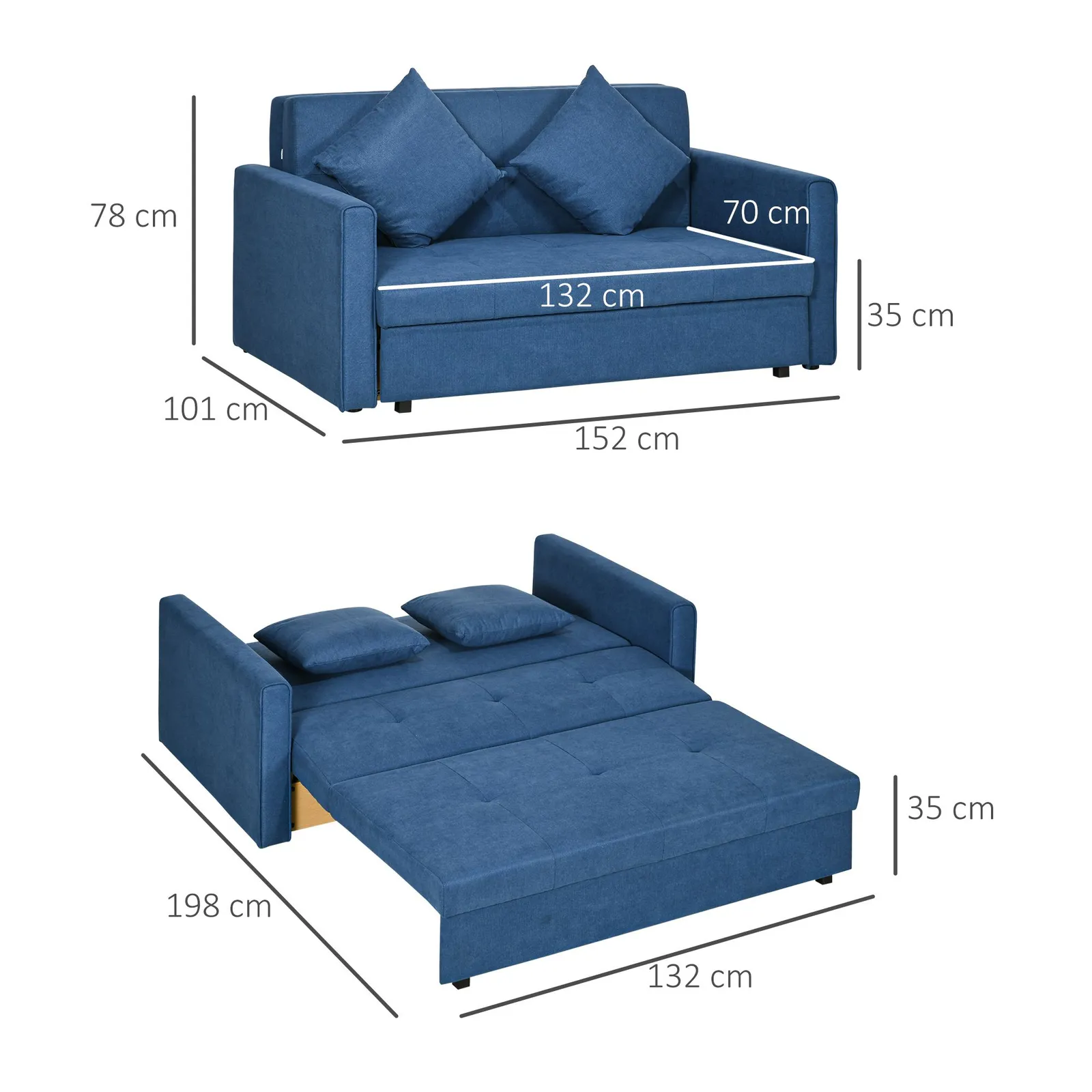 HOMCOM Convertible 2 Seater Sofa Bed with 2 Cushions Storage for Living Room in Dark Blue 3