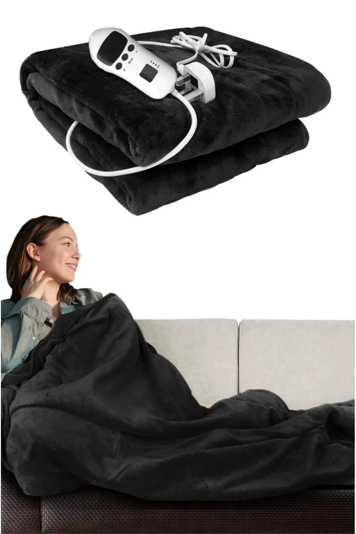 Ezysleep Cosy Heated Over Throw Fleece Blanket With Adjustable Control in Black