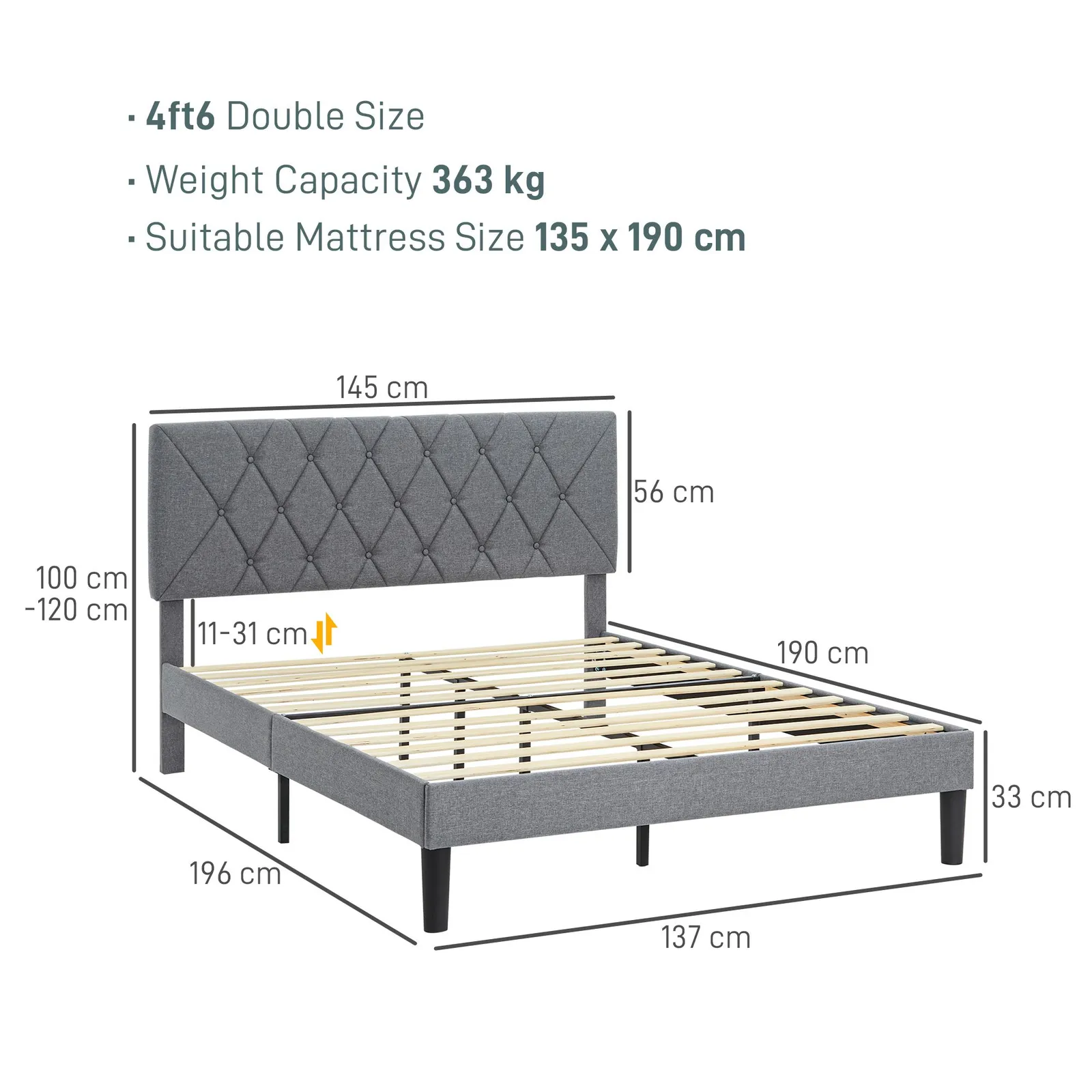 HOMCOM Linen Bed Frame with 5-Level Headboard, Wooden Slats Mattress Foundation in Grey 3