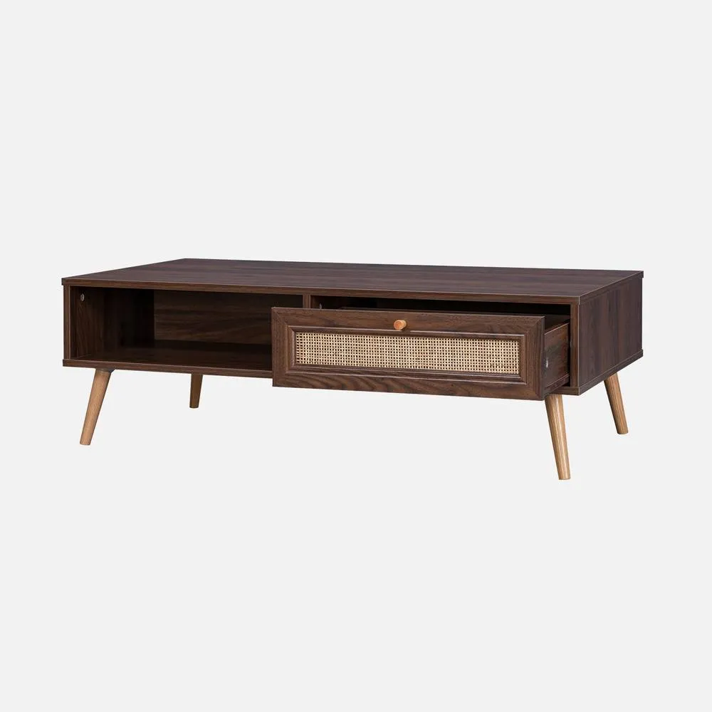 sweeek Coffee Table With Wood & Cane Effect in Dark Brown 3