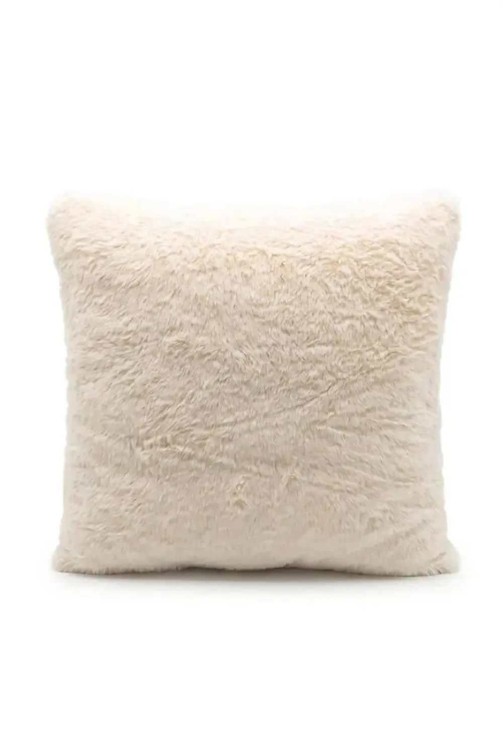Homescapes Festive Faux Fur Cushion Embroidered Holiday Greeting in Cream 3