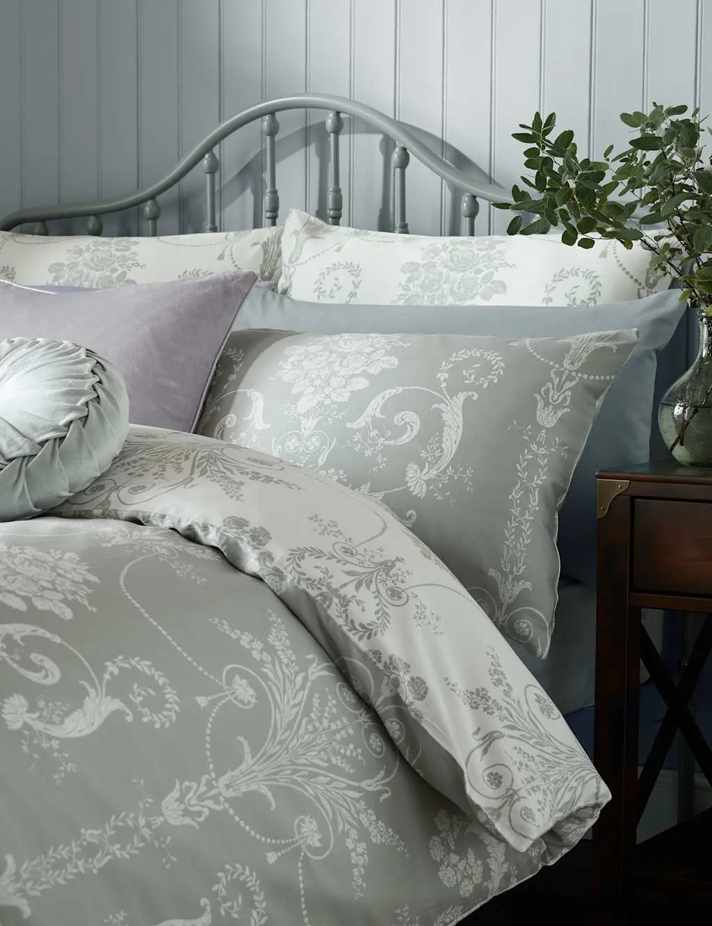 Laura Ashley 2 Pack Pure Cotton Sateen Josette Pillowcases Grey Mix