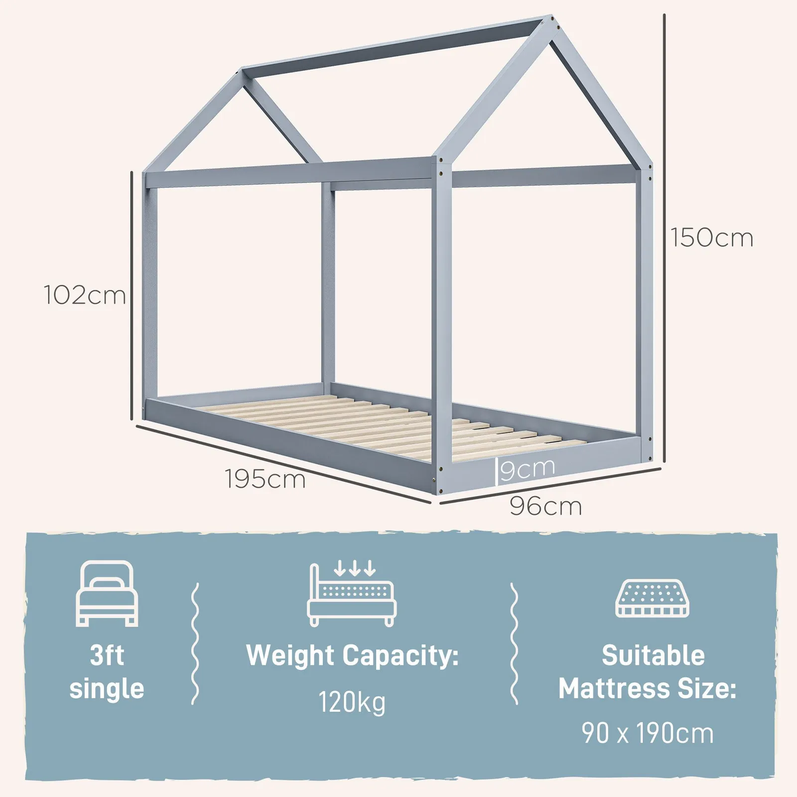 HOMCOM Wooden Single Bed Frame with Tree House Style in Grey 3