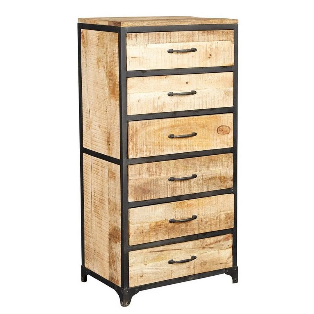 Indian Hub Cosmo Industrial Tall Chest - Solid Mango Wood - L40 x W60 x H120 cm in Brown