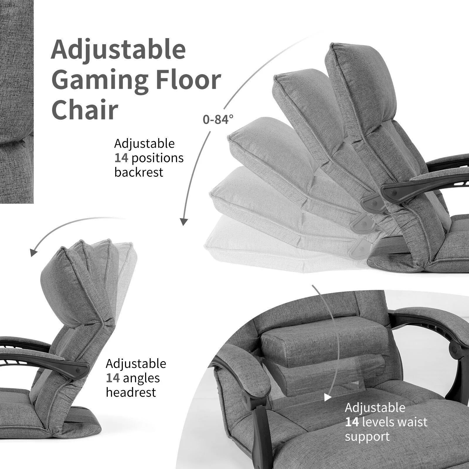 Costway Adjustable Floor Chair Gaming Floor Chair Lazy Sofa W/ Linkage Armrest in Grey 5