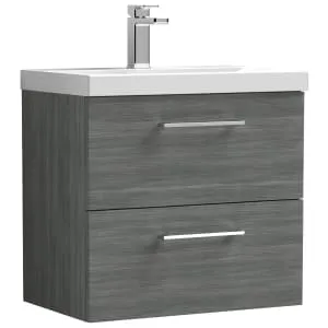 Nuie Arno Anthracite Woodgrain Wall Hung 2 Drawer Vanity Unit & Basin - 579 x 610mm