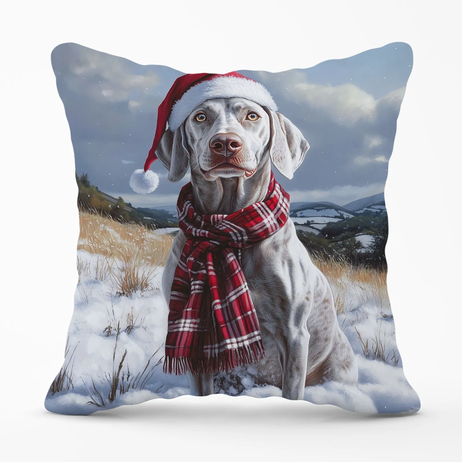 Warren Reed - Designer Snowy Christmas Weimarana Cushion in Grey