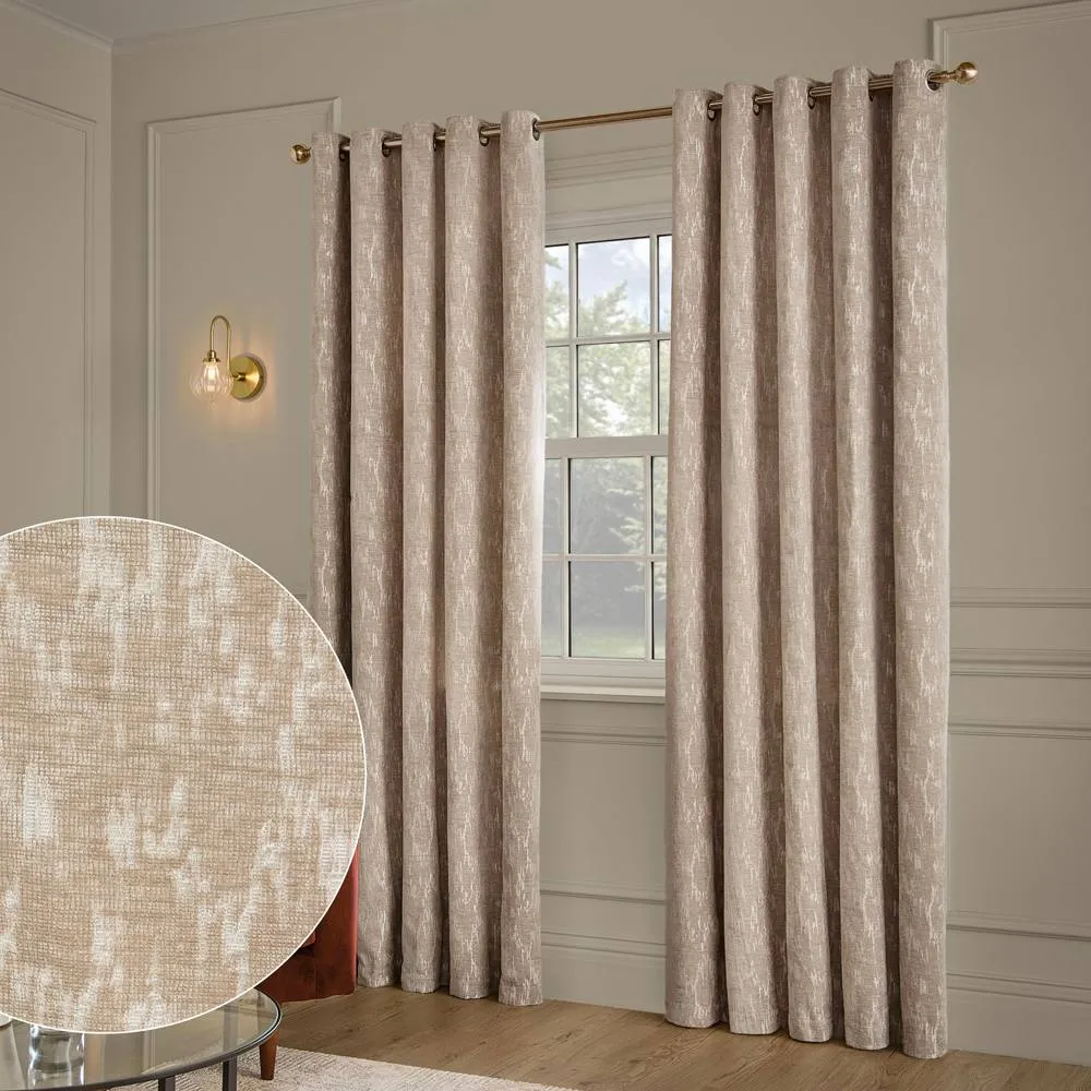 Paoletti Aurelio Chenille Fully Lined Eyelet Curtain Pair in Light Brown 1