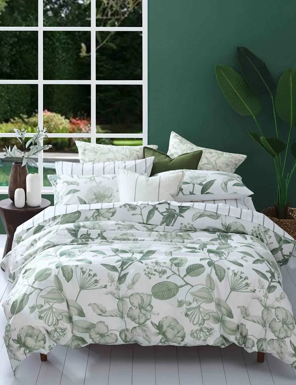 MM Linen Pure Cotton Botanical Leaf Bedding Set White Mix