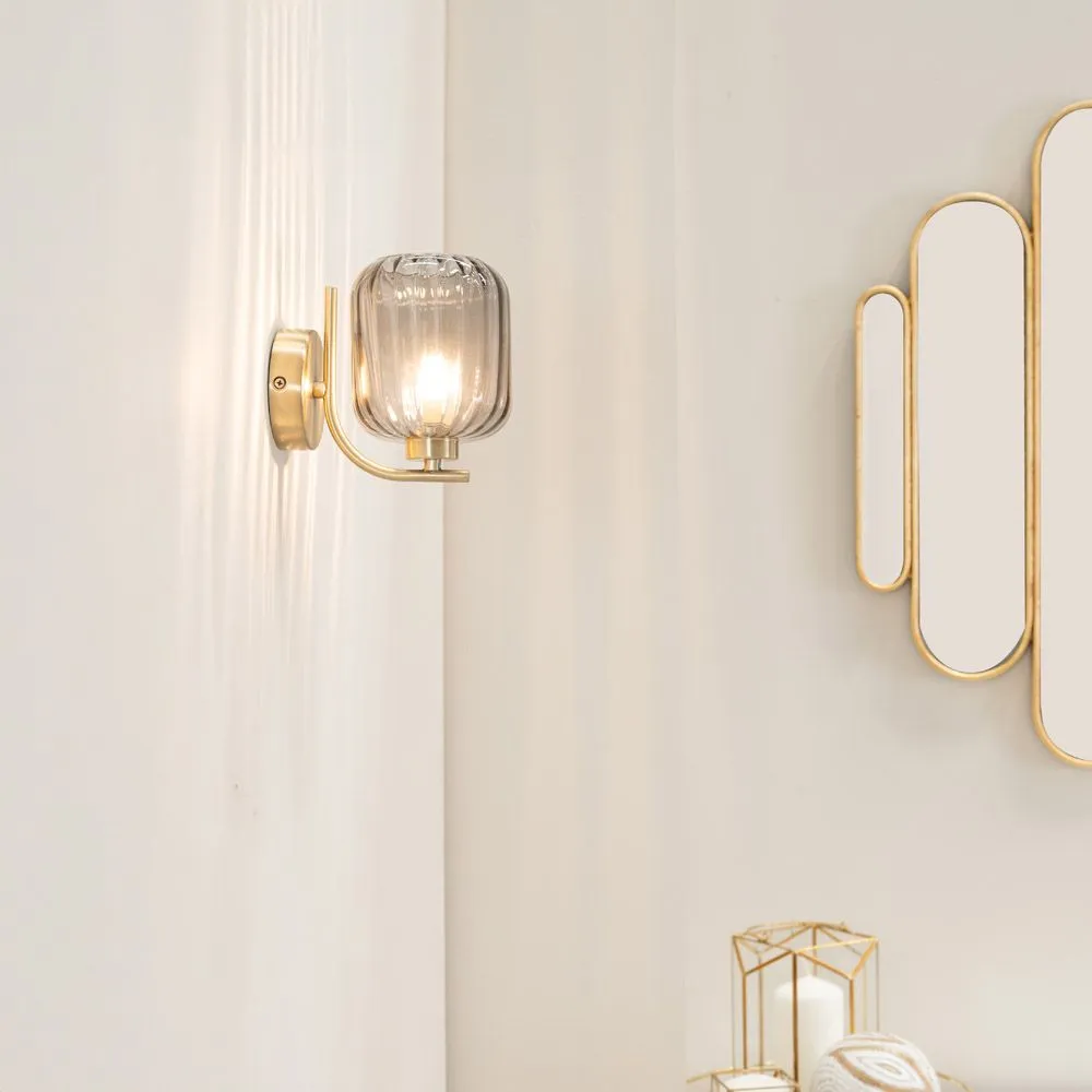 ValueLights Amelie Pair of Gold Stem Single Ribbed Glass Lamp Wall Light