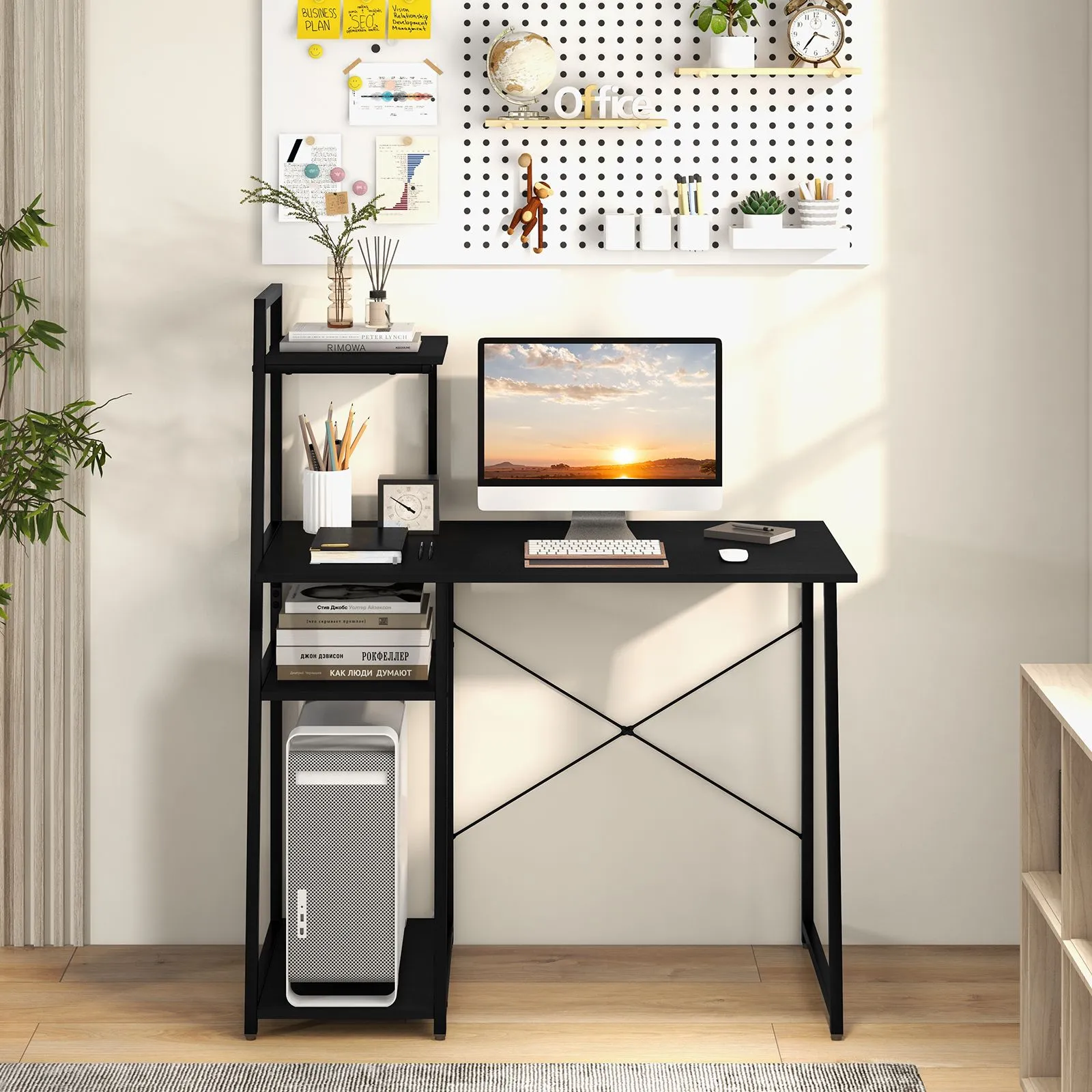Costway Home Office Desk Computer Desk PC Laptop Table w/ Bookshelf & Host Stand in Black 5