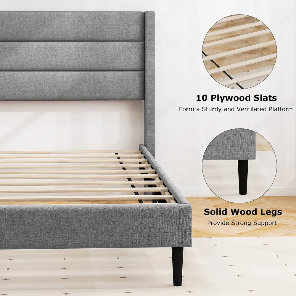 Costway Single Bed Frame Linen Upholstered Platform Bed w/Headboard in Grey 6