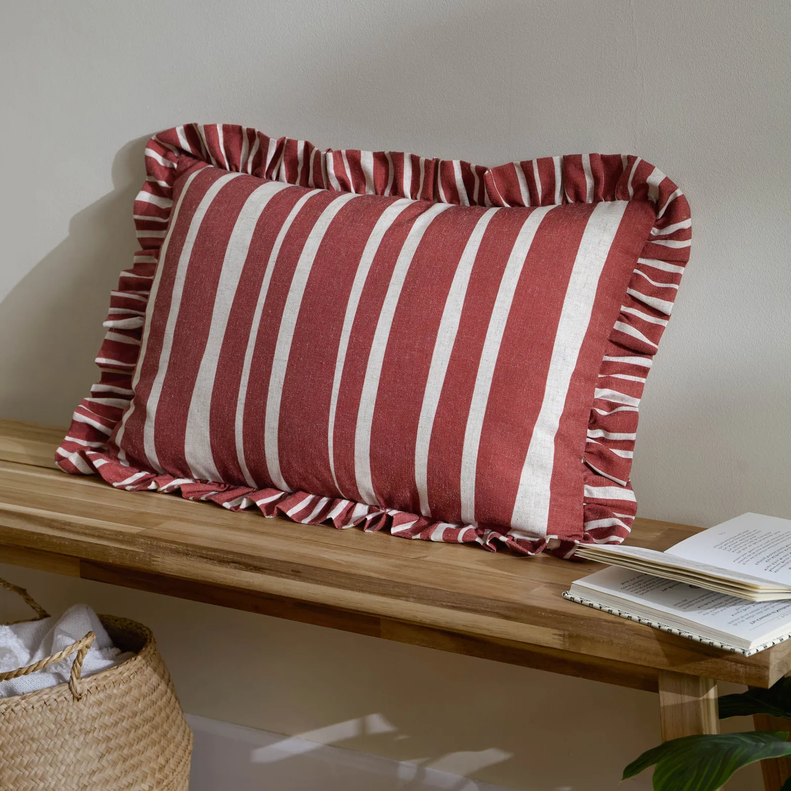 Furn Carmon Stripe Ruffle Cushion in Red