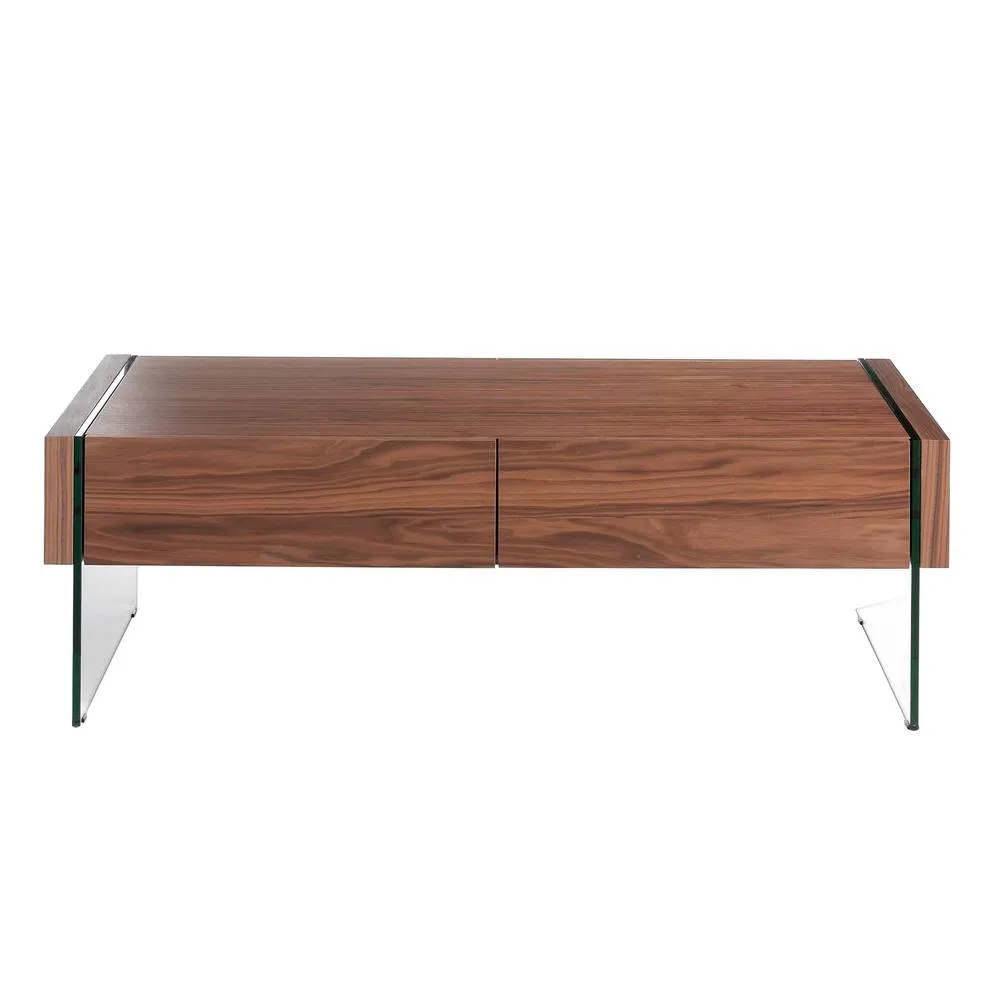 Angel Cerda Walnut Veneer Rectangular Coffee Table with Tempered in Brown 2