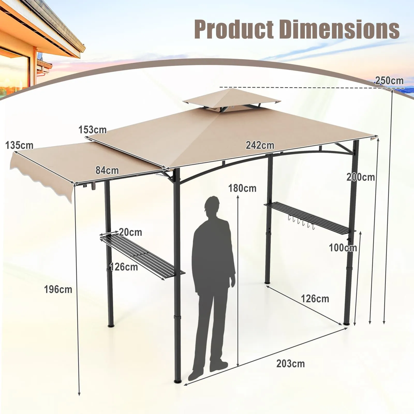 Costway 318x153cm Grill Gazebo Outdoor Barbecue Canopy Tent w/Side Awning in Beige 2