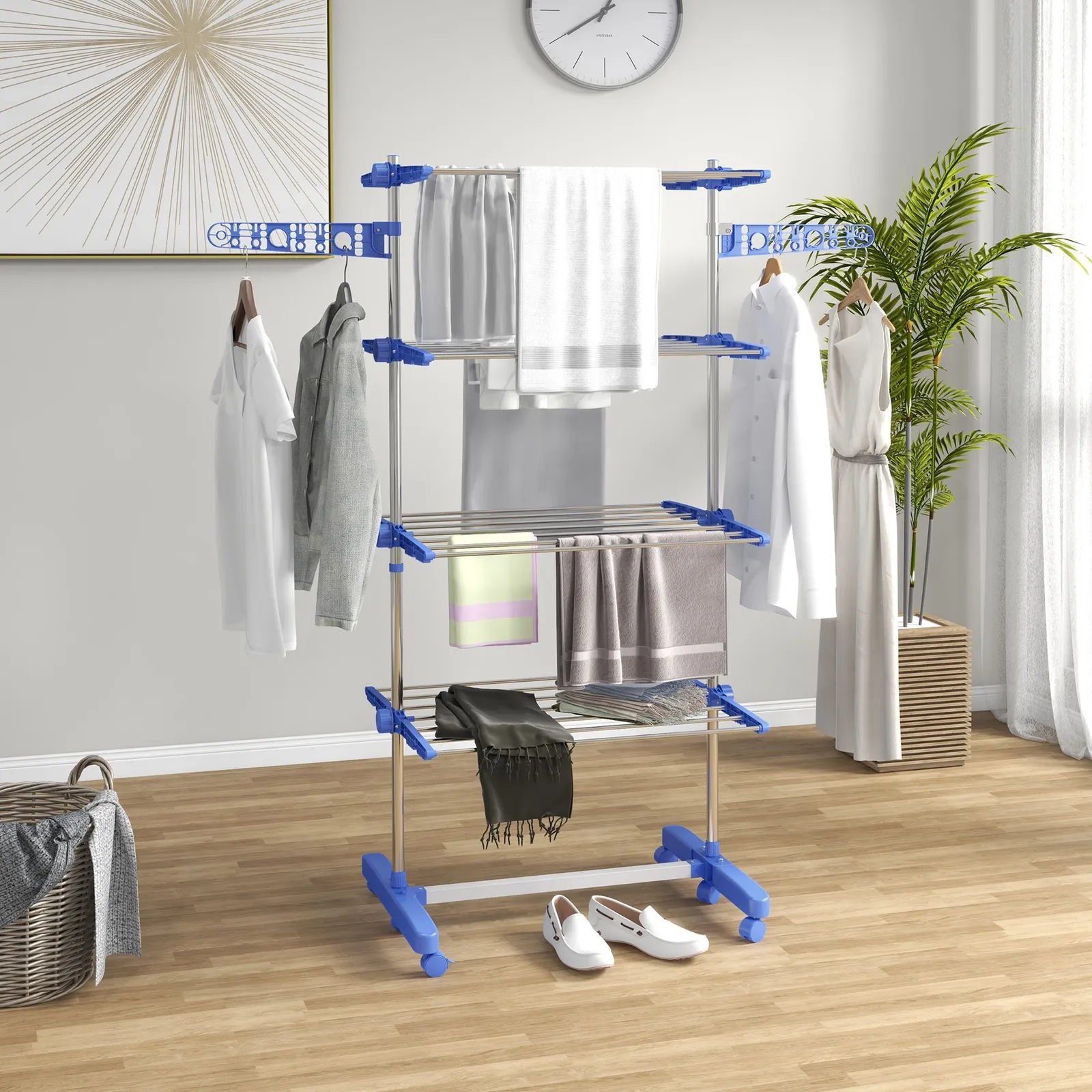 HOMCOM Large Clothes Airer Stainless Steel Clothes Drying Rack in Blue