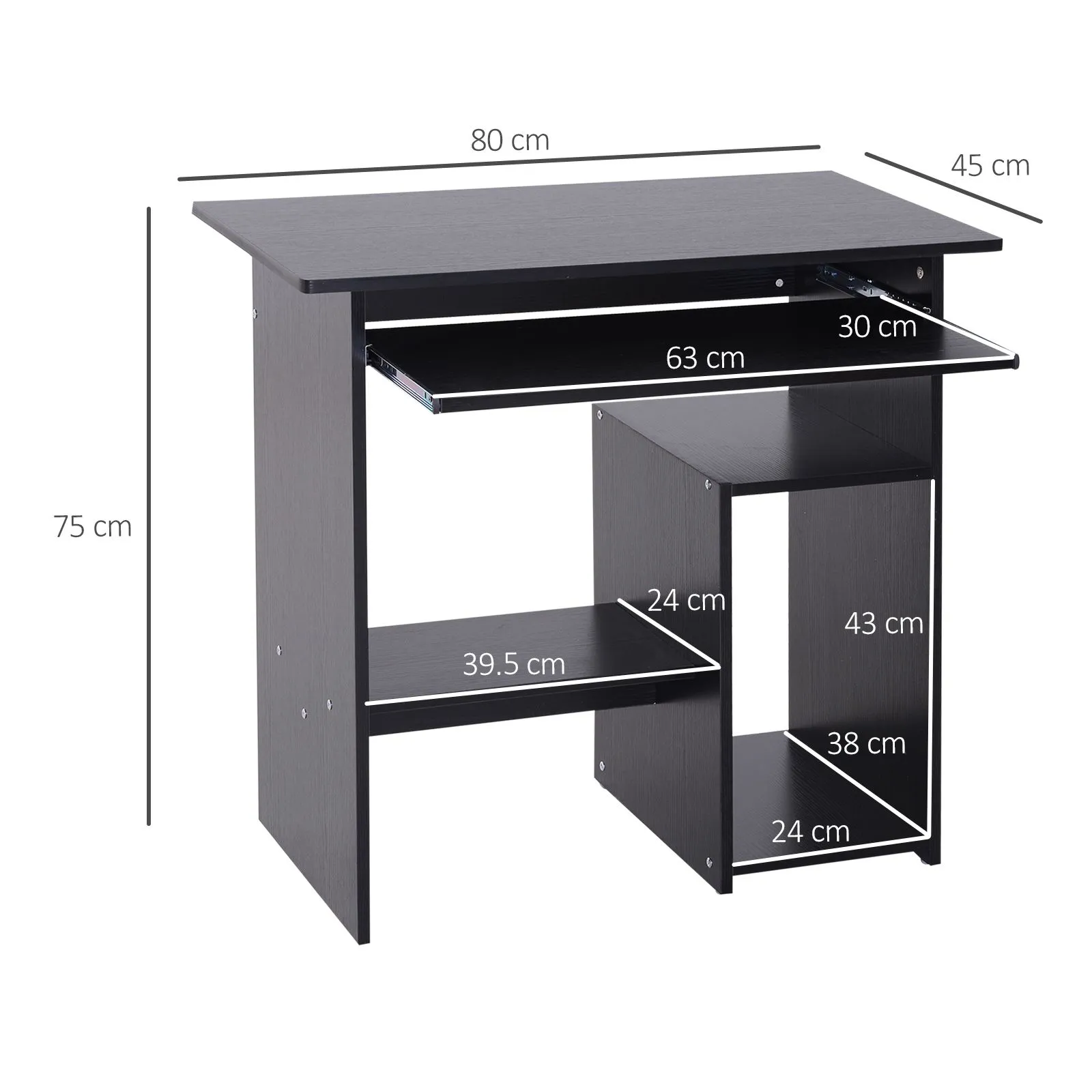 HOMCOM Compact Small Computer Table Wooden Desk Keyboard Tray Storage in Black 3