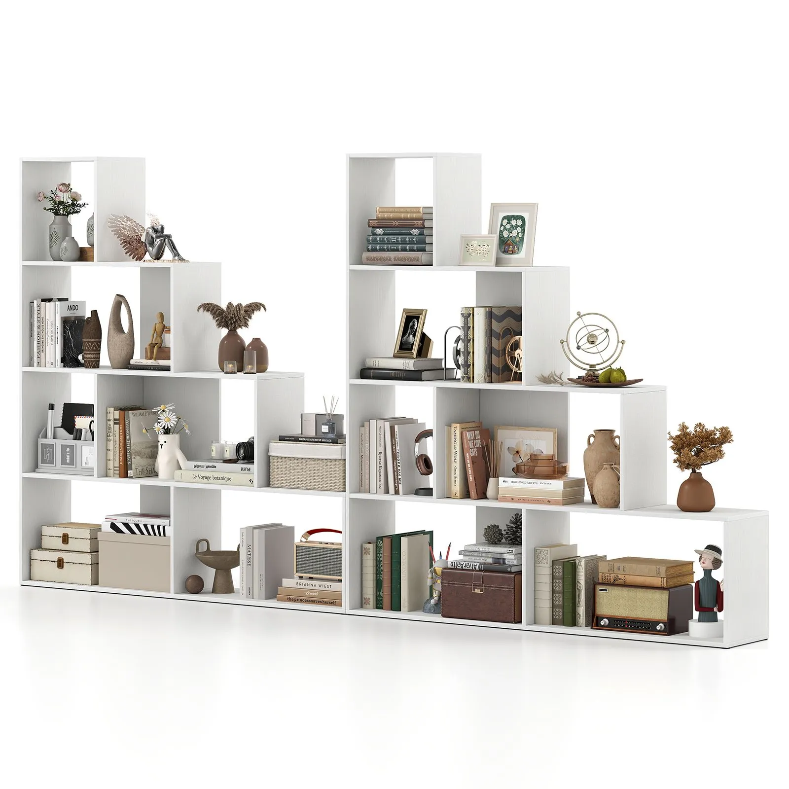 Costway 4-Tier Stepped Bookshelf Modern Ladder Bookcase w/6 Storage Cubes in White 4