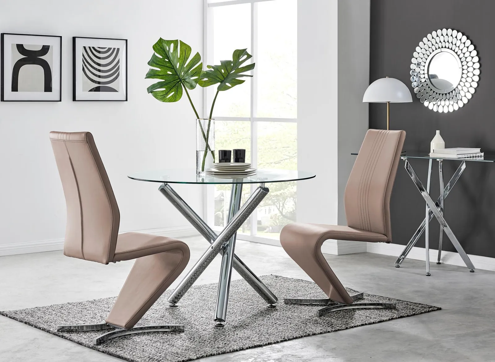 FurnitureboxUK Selina Round Glass & Chrome Metal Dining Table & Luxury Willow Chairs Set in Beige 1