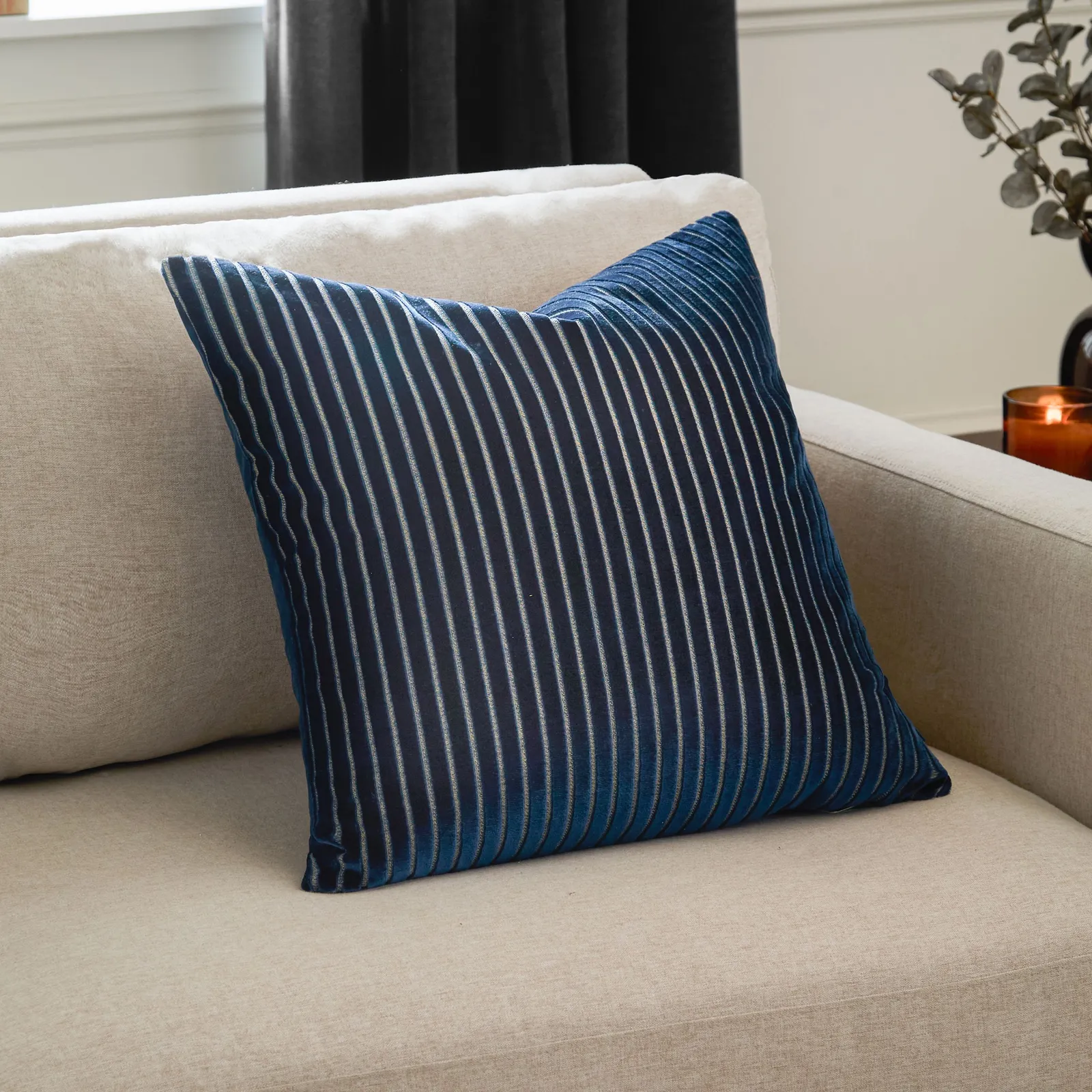 Paoletti Savoy Stripe Velvet Cushion in Navy 1