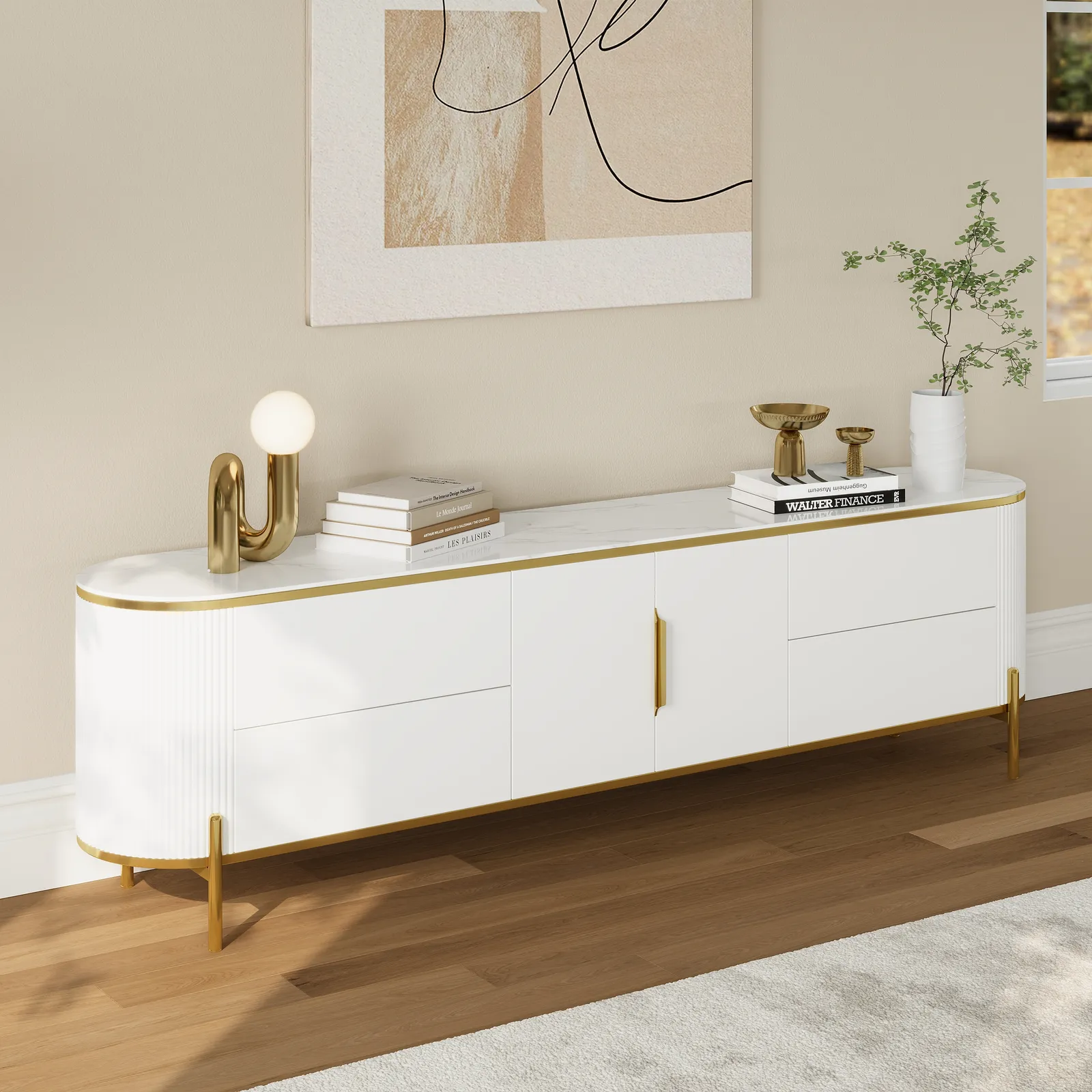 220 cm Modern Elegant Oval TV Console with Drawers & Doors in White