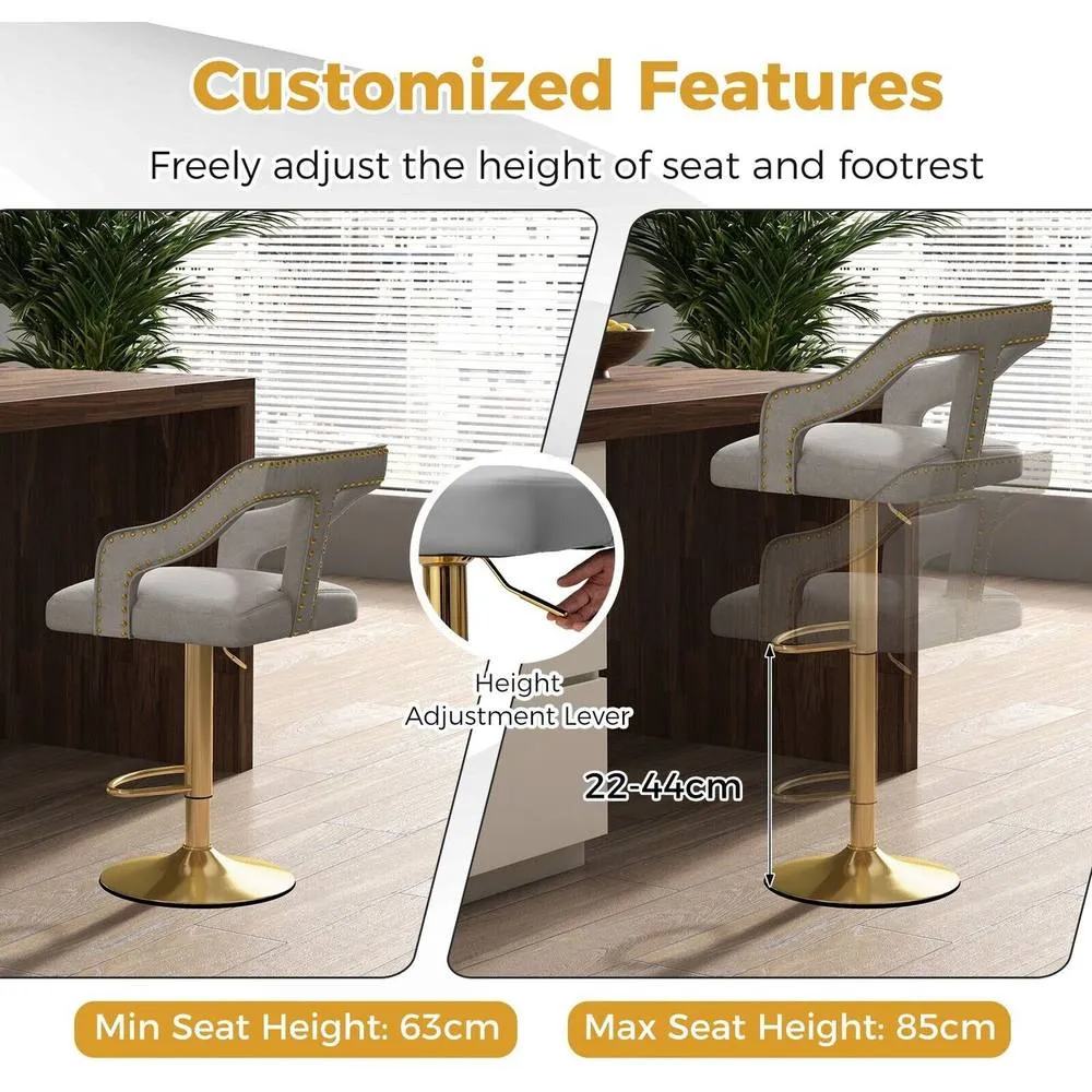 Costway 2Pcs Bar Chairs Adjustable Swivel Bar Stool Dutch Velvet Dining Chair in Grey 2