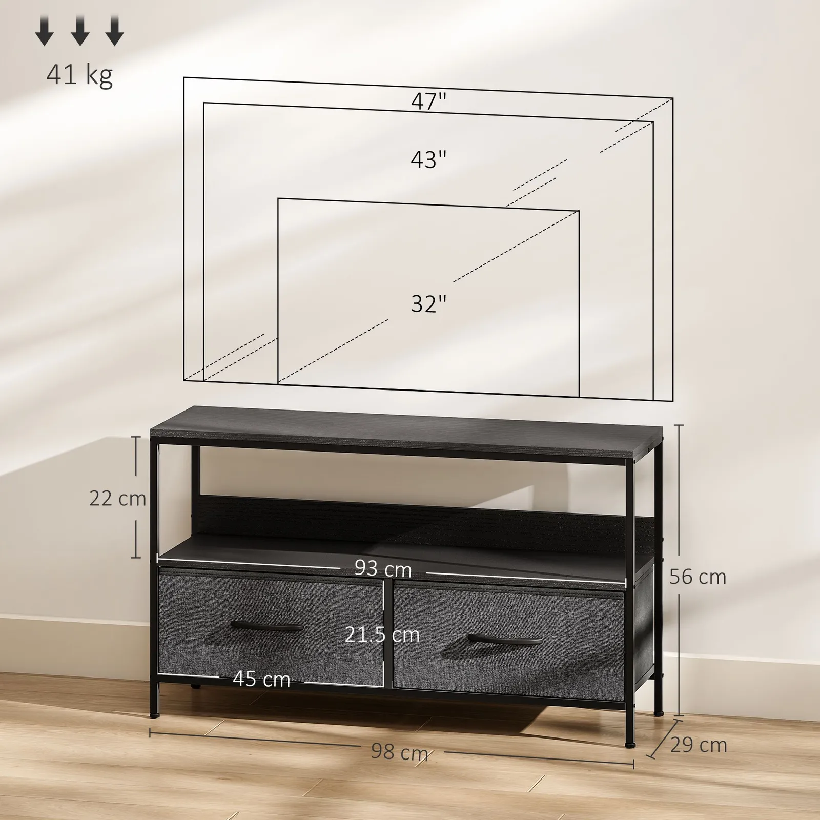 HOMCOM TV Cabinet, TV Console Unit with 2 Foldable Linen Drawers Black 3