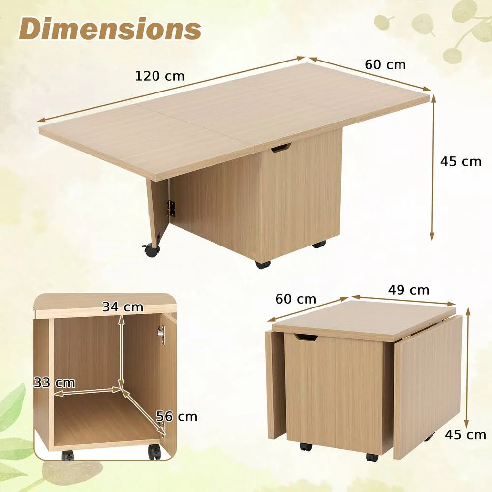 Costway 120cm Extendable Center Table Foldable Coffee Table w/Storage in Light Oak 2
