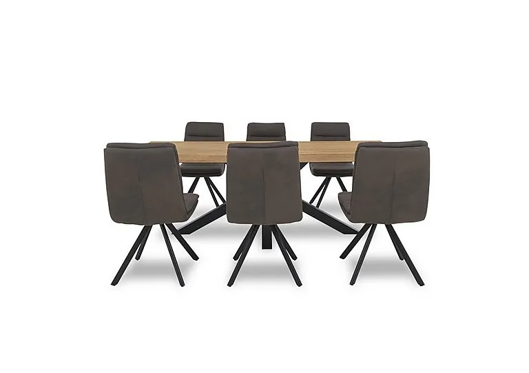 Njord Raw Edge Dining Table with Metal Star Base and 6 Anthracite Fabric Swivel Chairs - 220-cm