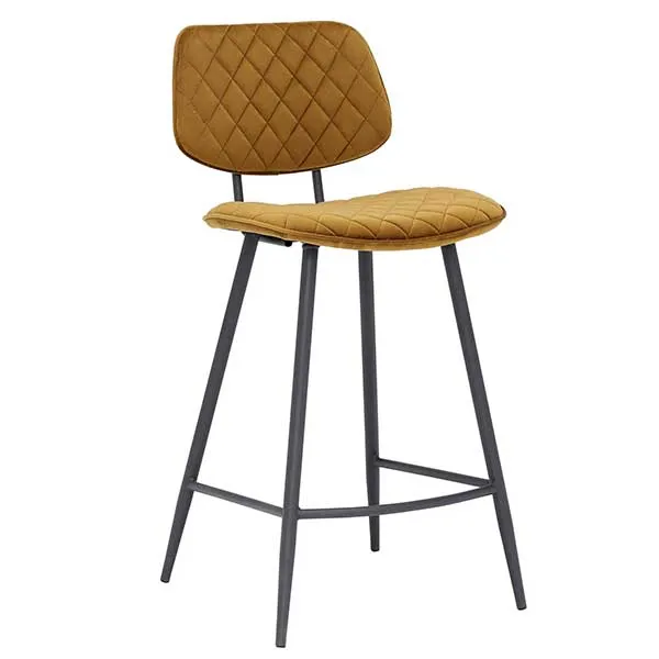 Archer Bar Stool Golden - Metal Frame With Quilted Seat Cushion And Back Rest -W45 x D53 x H95cm