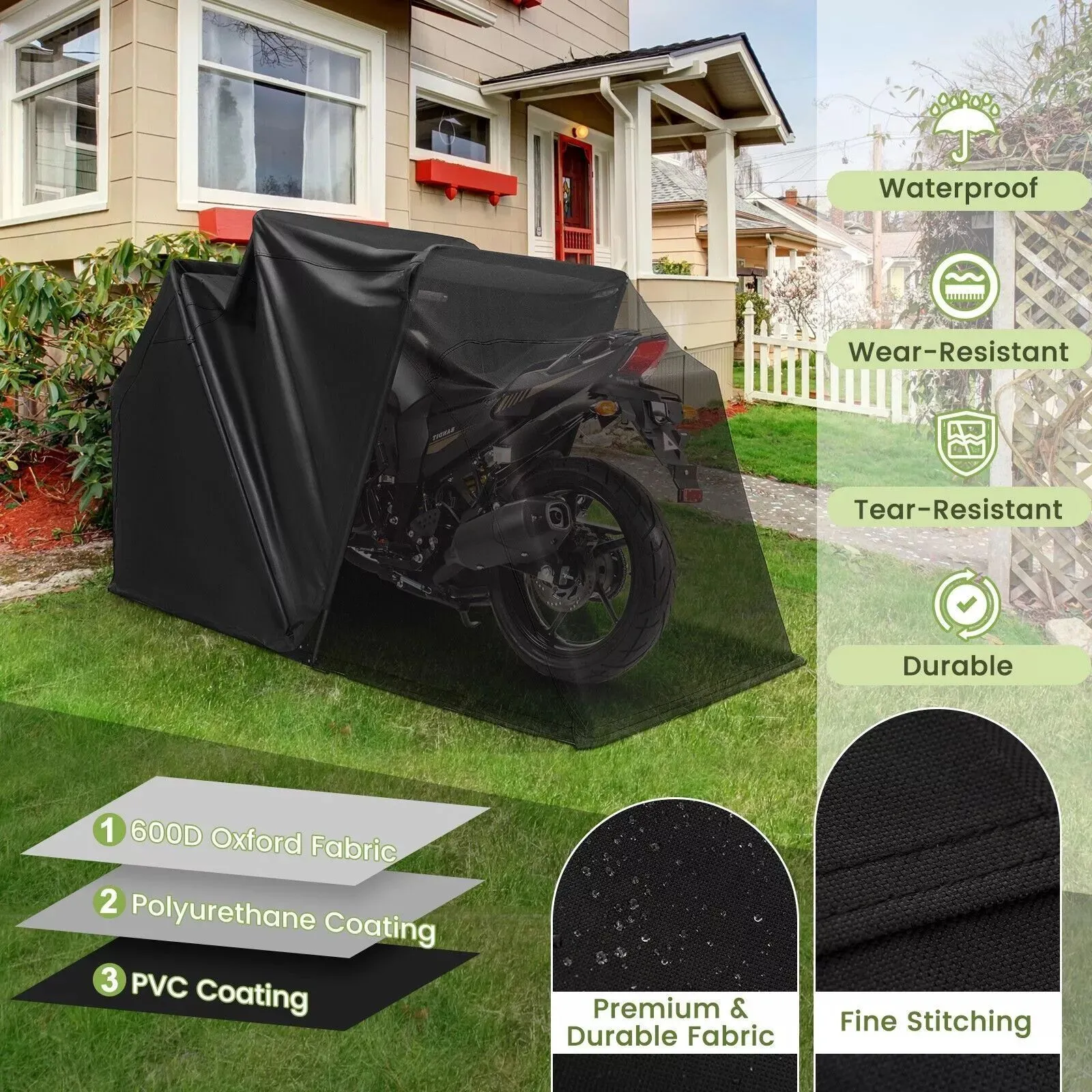 Costway 342 x 137 x 193cm Outdoor Motorcycle Shelter Portable Garage Motorbike Storage Shed in Black 5