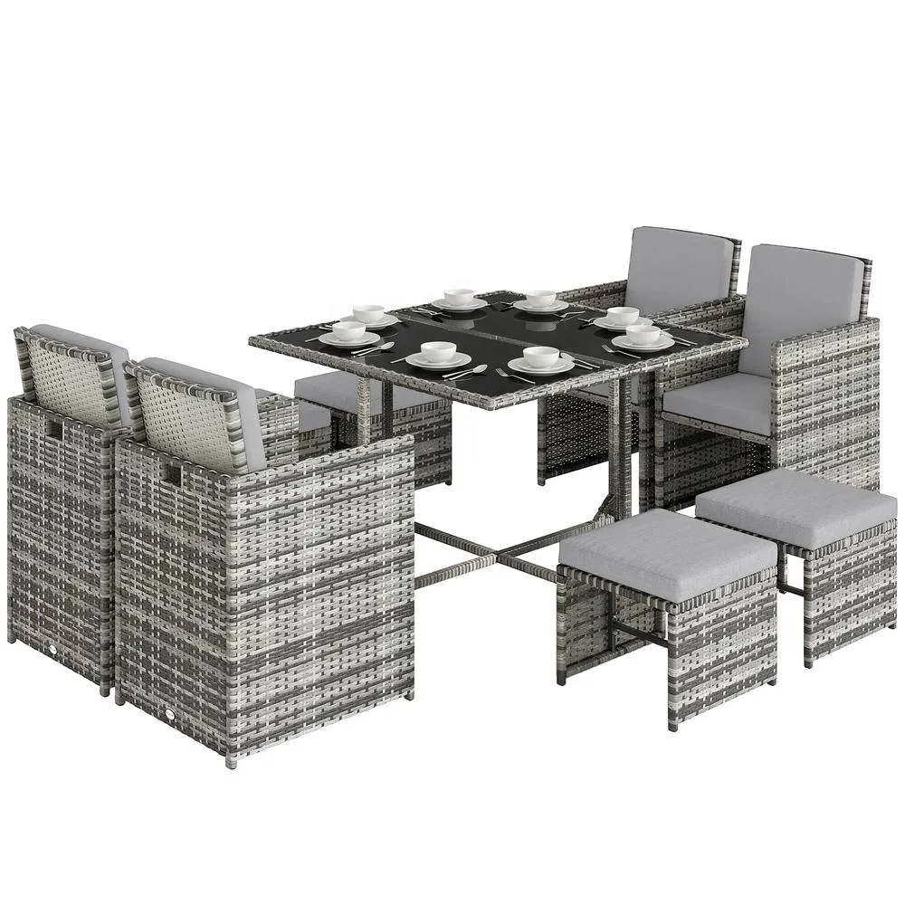 OUTSUNNY 8 Seater Cube Rattan Garden Furniture Dining Set with Cushions in Grey 2