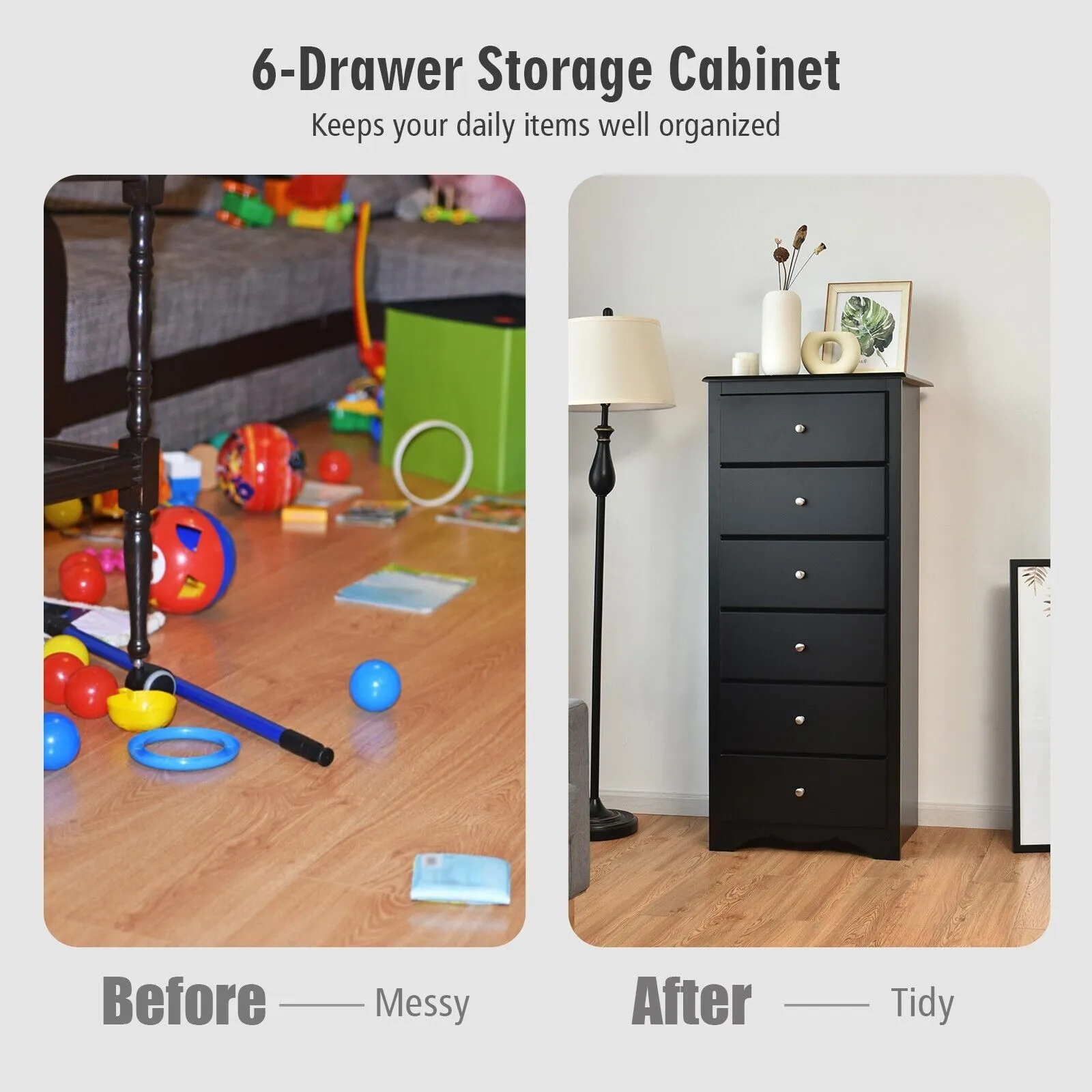 Costway Chest of Drawers Free Standing 6 Drawers Wooden Storage Cabinet W/ Metal Handles in Black 6