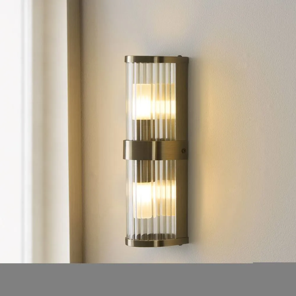 Netlighting Ridgeton IP44 Bathroom Wall Lamp Antique Brass Clear Ribbed Glass in Gold 5