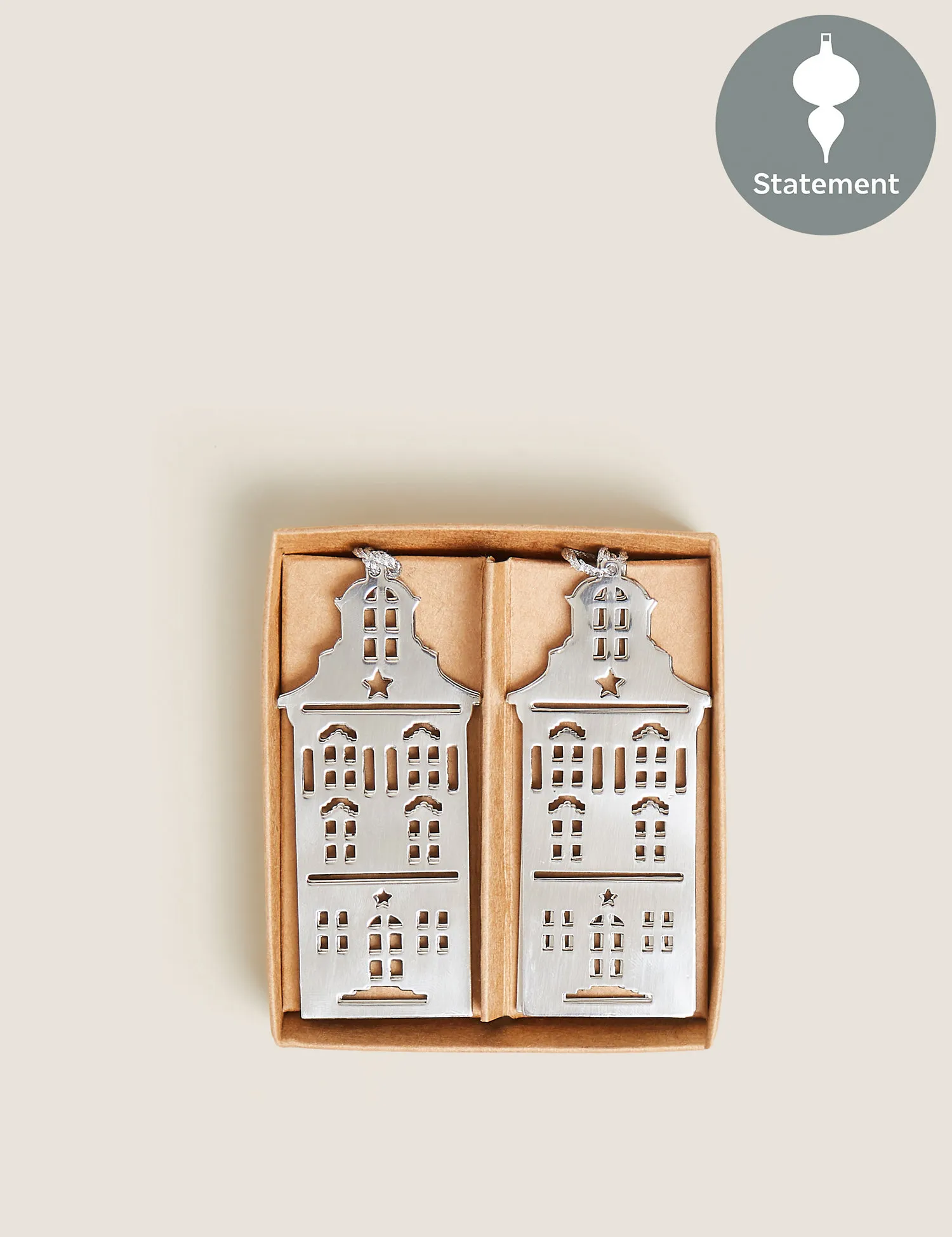 M&S 6 Pack Silver Townhouse Hanging Decorations, Silver