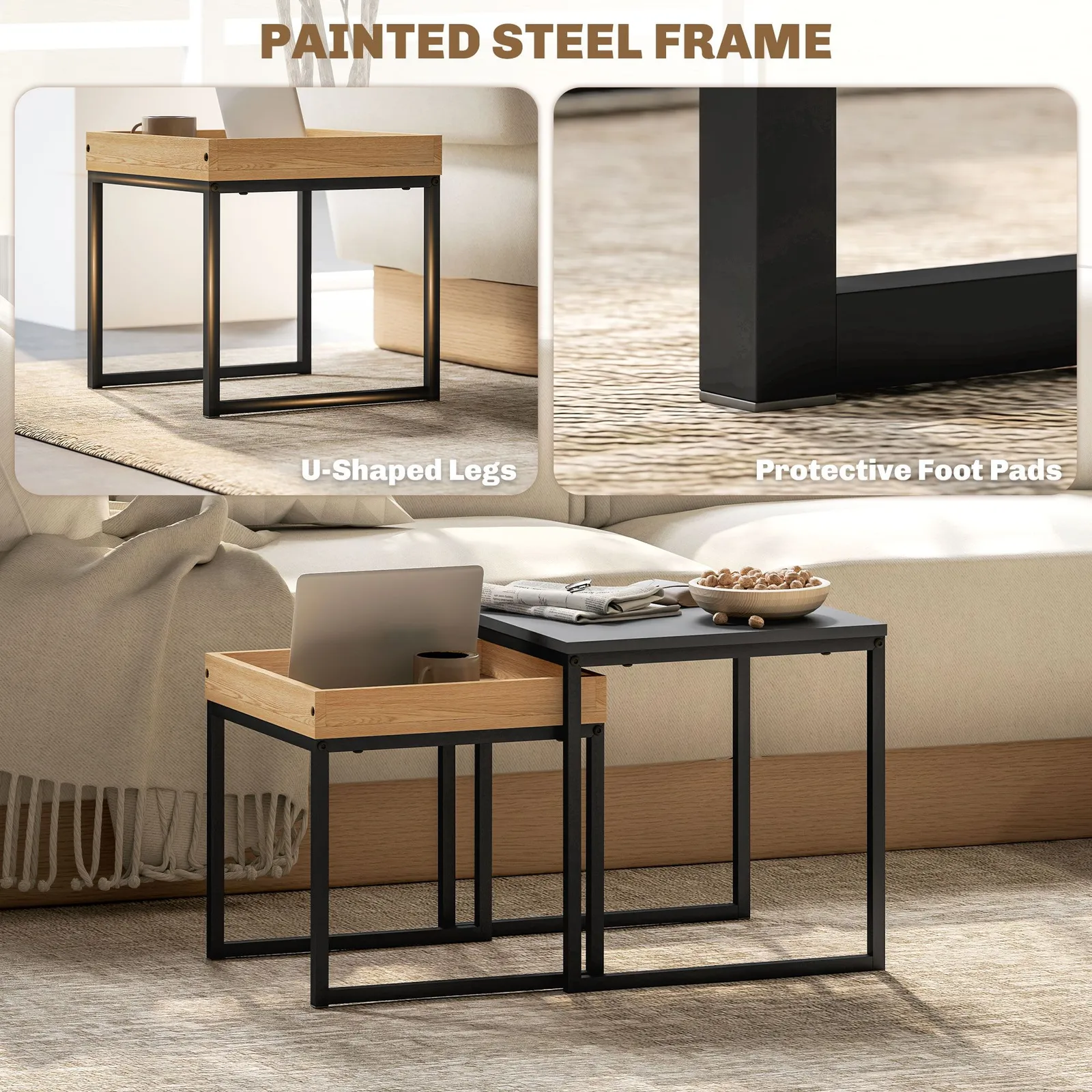 HOMCOM Modern Coffee Table Set Square Nest of Tables for Small Space in Black 5