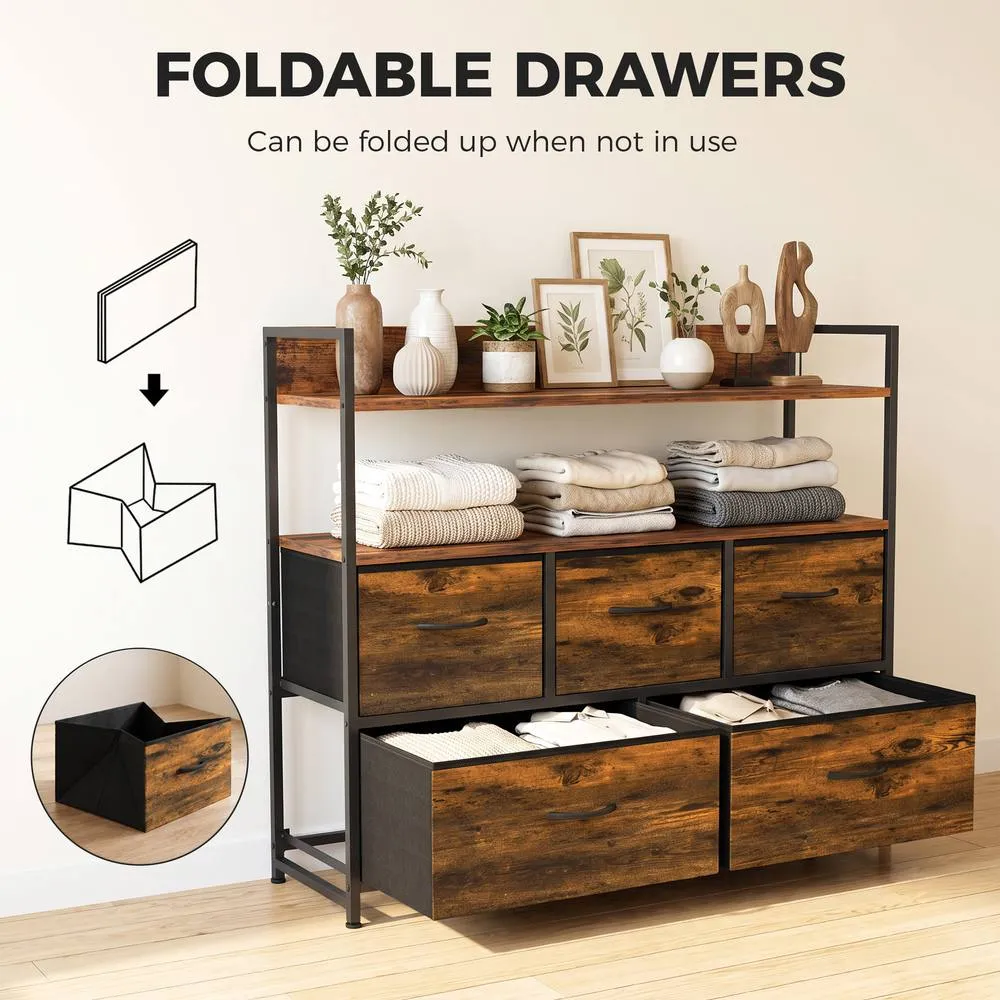 HOMCOM Bedroom Chest of Drawers 5 Drawer Dresser w/ Shelves, Rustic Brown 6