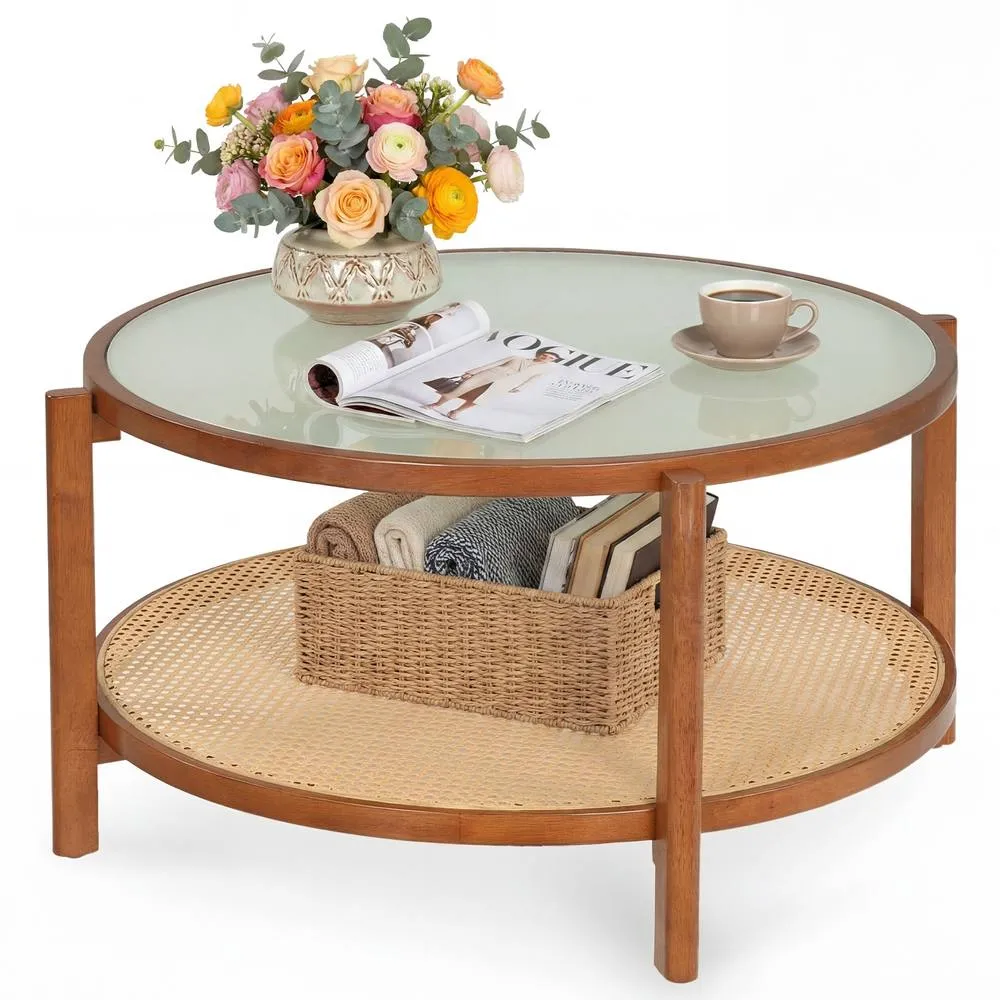 Costway Rattan Round Coffee Table 2-Tier Table w/ Frosted Glass Top in Brown 4