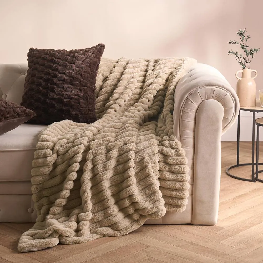 OHS Faux Fur Ribbed Fleece Throw Over Bed Blanket Winter Warm Supersoft in Light Brown