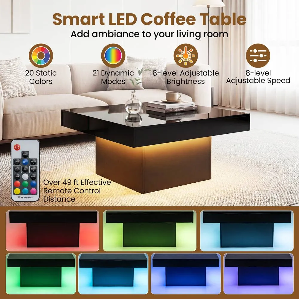 Costway Coffee Table Square Center Table with LED Lights in Black 6