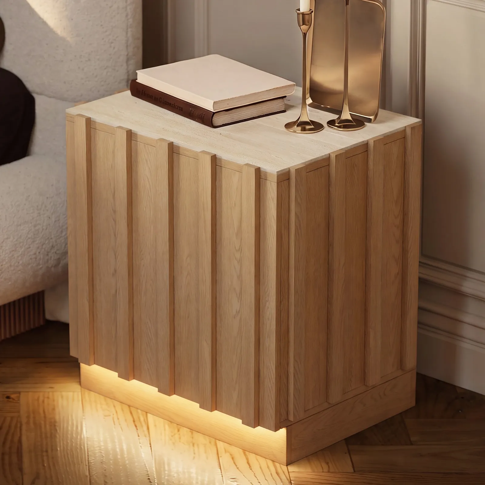 Aura Ash Wood LED Nightstand with Charging Station, Set of 2