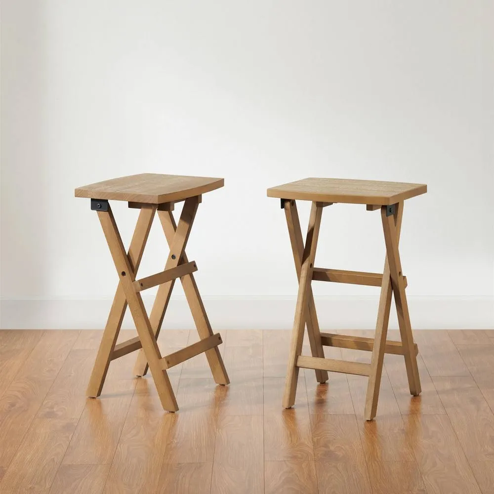 Statement Furniture Set of 2 Shire Oak Folding Stools, 64cm Tall Bar Stools in Light Brown 2